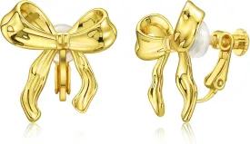 14K Gold Plated Bow Clip On Earrings Ribbon Earrings for Women, Non- pierced Clip on Earrings