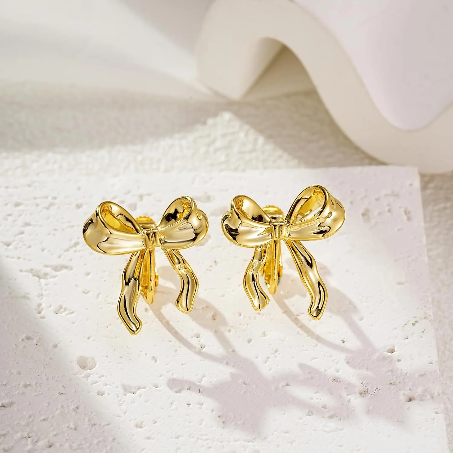 14K Gold Plated Bow Clip On Earrings Ribbon Earrings for Women, Non- pierced Clip on Earrings