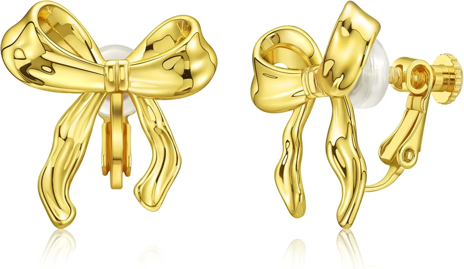 14K Gold Plated Bow Clip On Earrings Ribbon Earrings for Women, Non- pierced Clip on Earrings