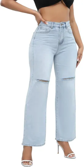Aodrusa Ripped Wide Leg Jeans for Women Mom Baggy Straight Leg Stretchy Boyfriend Trendy Trouser Denim Pants