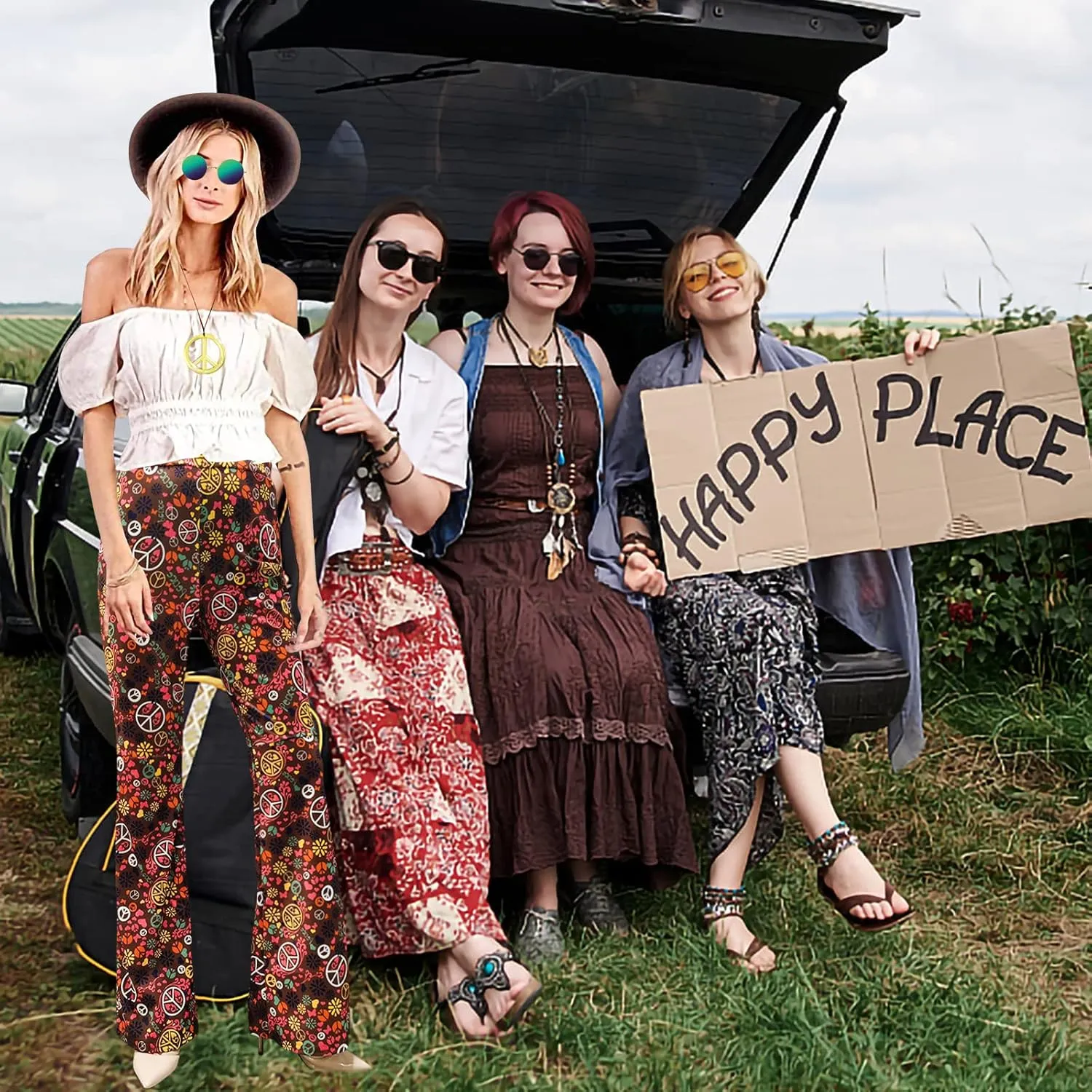 ATAMET 60s 70s Women Costumes Accessories Hippie Pants Bell Bottom Boho Pants Flared Pants Retro Trousers for 70s Theme Party
