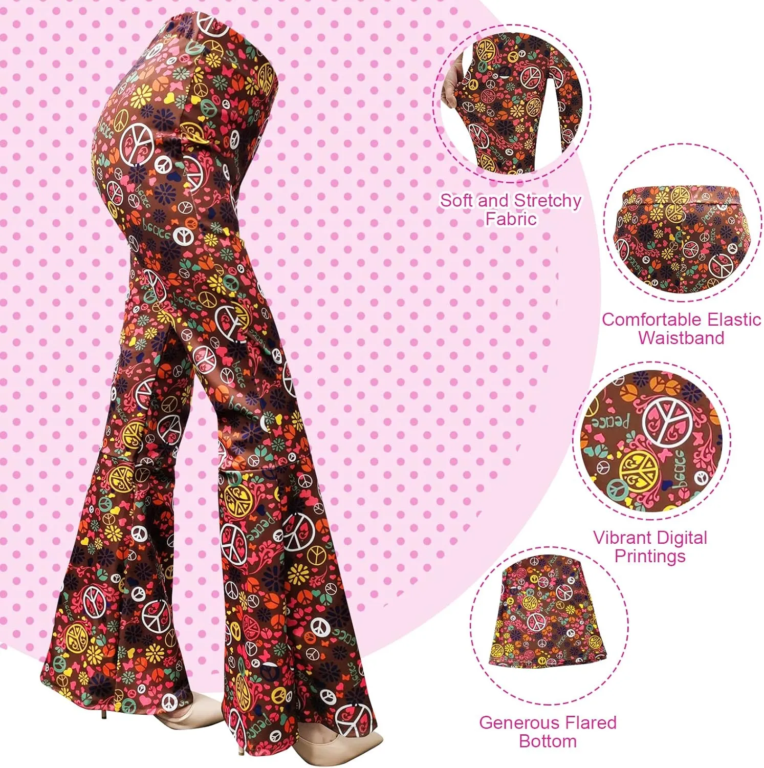 ATAMET 60s 70s Women Costumes Accessories Hippie Pants Bell Bottom Boho Pants Flared Pants Retro Trousers for 70s Theme Party