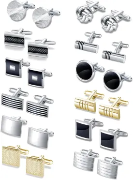CASDAN 12 Pairs Cufflinks for Men Classic Tone Cuff Links Silver Black Striped Disc Square CZ Rectangle Cuff Links Shirt Suit Mens Cufflinks For Wedding Groom Business Elegant Gift