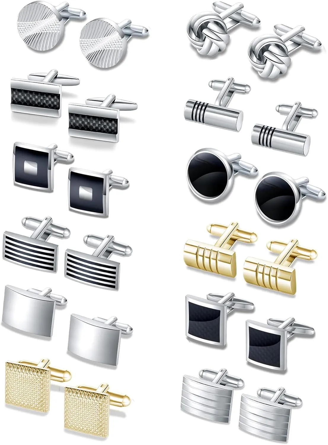 CASDAN 12 Pairs Cufflinks for Men Classic Tone Cuff Links Silver Black Striped Disc Square CZ Rectangle Cuff Links Shirt Suit Mens Cufflinks For Wedding Groom Business Elegant Gift