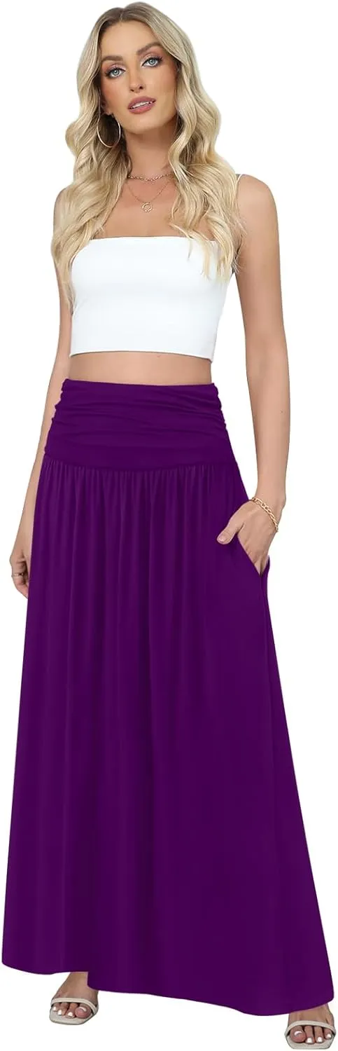 DouBCQ Maxi Skirts for Women High Waisted Long Skirts with Pockets Ankle Length Casual Skirt
