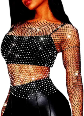 Fstrend Mesh Body Chains Crystal Long Sleeve Fishnet Crop Tops Rhinestone See Through Cover up Bikini for Women (XL)