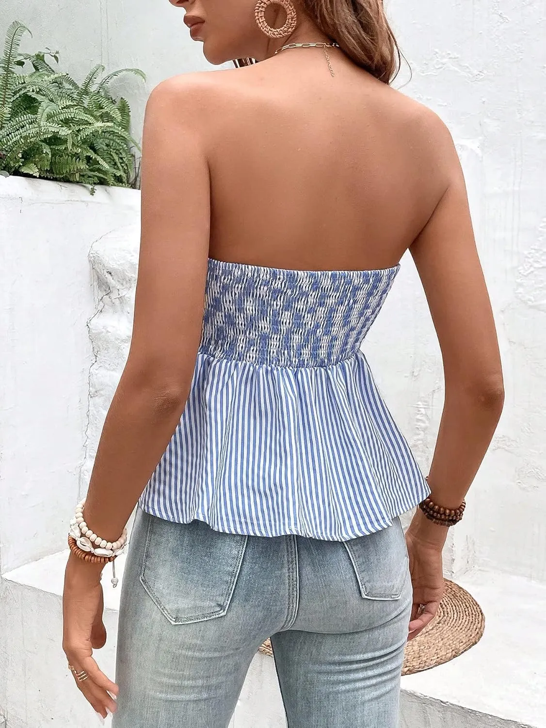 GORGLITTER Women's Bow Strapless Tube Tops Shirt Tie Front Striped Bandeau Peplum Tops Going Out Summer Tops 2025
