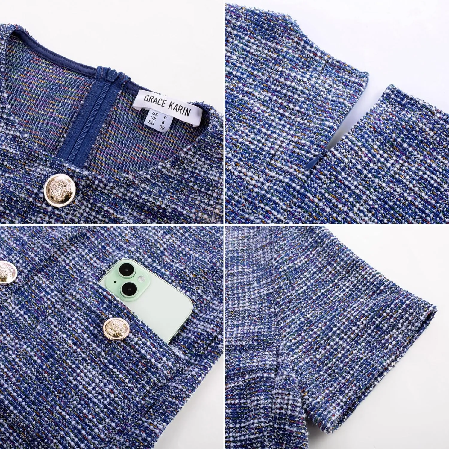 GRACE KARIN Womens Tweed Dress 2025 Summer Short Sleeve Button Bodycon Elegant Work Mini Dress Casual Dresses with Pocket