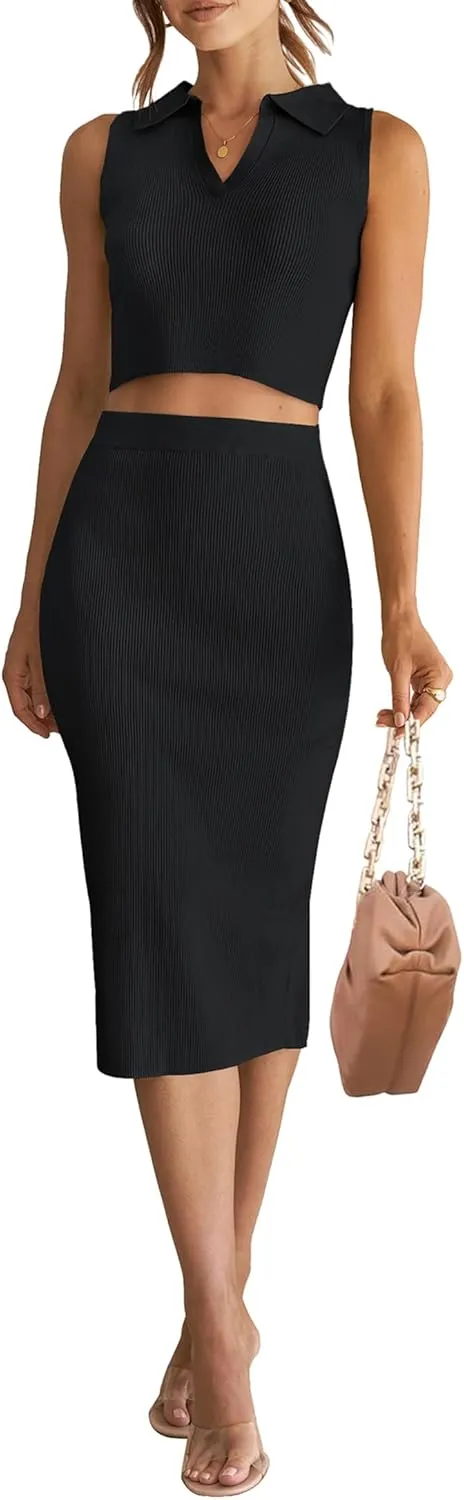 HAEOF Women's 2 Piece Summer Outfits Ribbed Knit Sleeveless Crop Tops Bodycon Midi Skirt Sets
