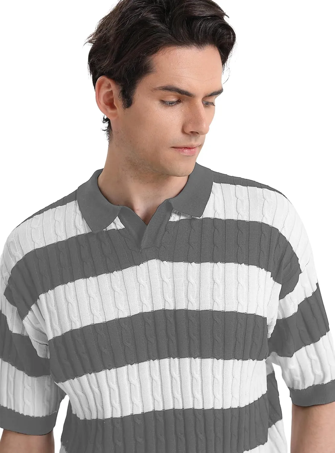 HYPESTFIT Knit Polo Shirt Short Sleeve Striped Texture Knitted Casual Beach Tops