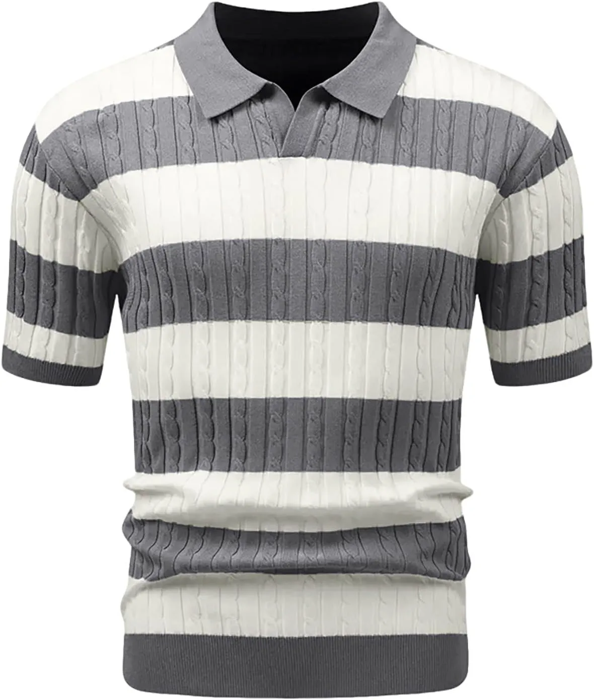 HYPESTFIT Knit Polo Shirt Short Sleeve Striped Texture Knitted Casual Beach Tops