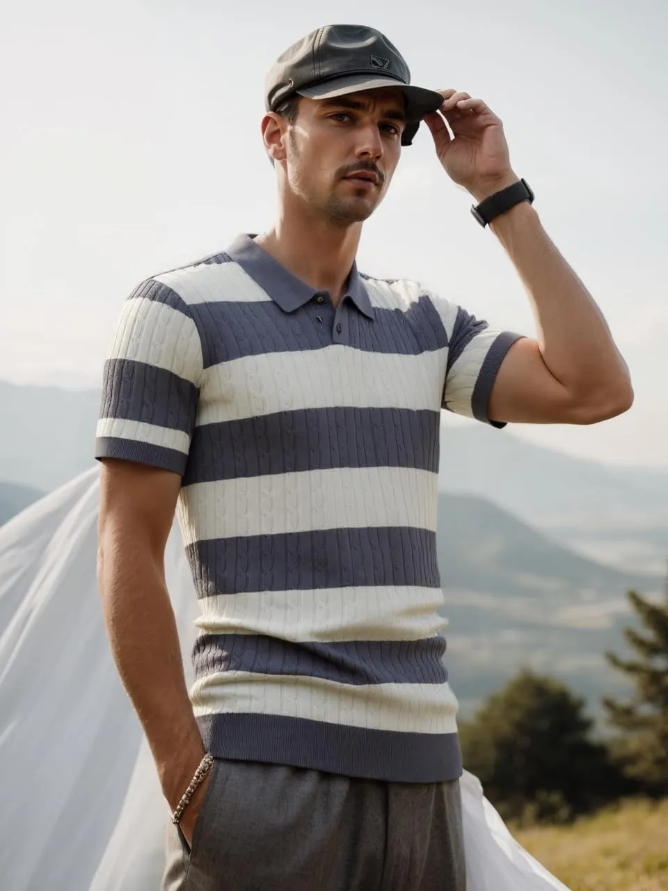 HYPESTFIT Knit Polo Shirt Short Sleeve Striped Texture Knitted Casual Beach Tops