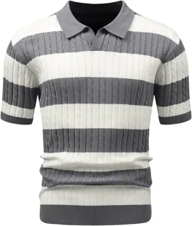 HYPESTFIT Knit Polo Shirt Short Sleeve Striped Texture Knitted Casual Beach Tops