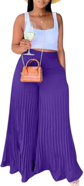 Lexiart Womens High Waisted Chiffon Loose Pleated Wide Leg Palazzo Pants