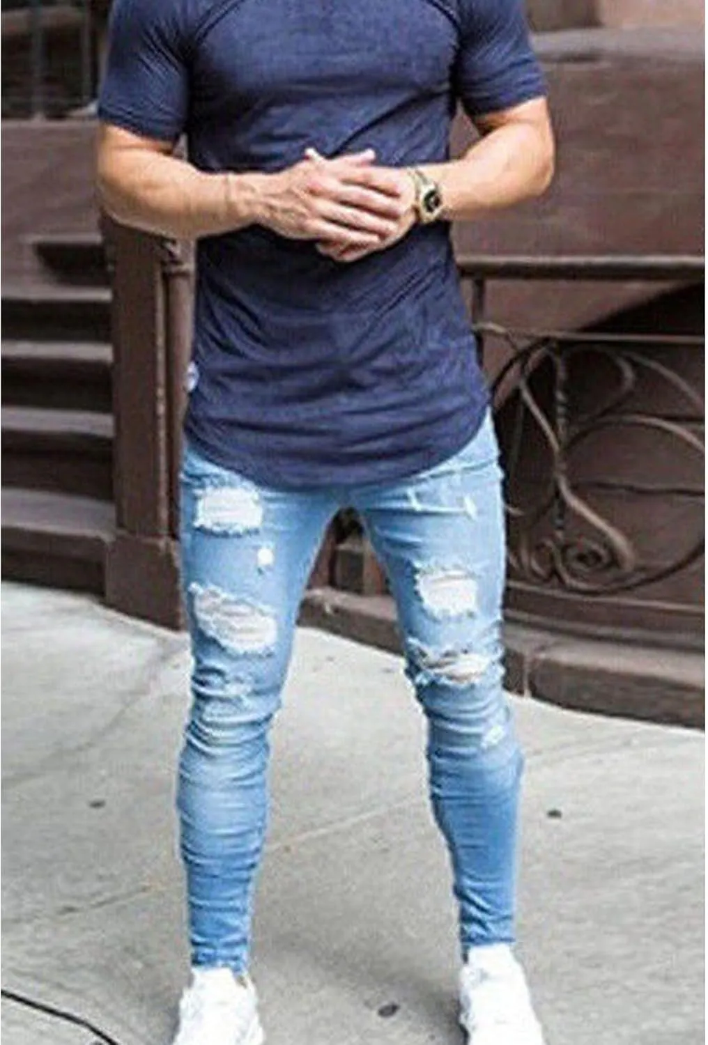 Maiyifu-GJ Men's Distressed Moto Biker Jeans Ripped Punk Gothic Zipper Denim Pants Hip hop Tapered Leg Slim Fit Jean