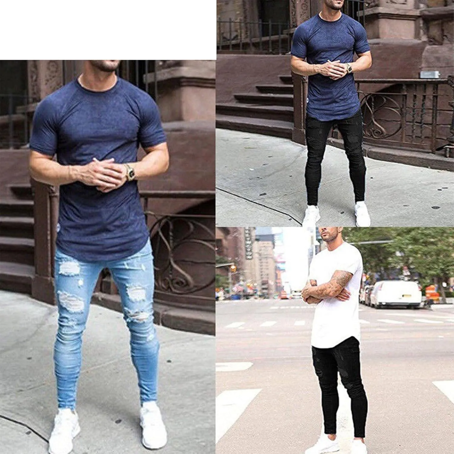 Maiyifu-GJ Men's Distressed Moto Biker Jeans Ripped Punk Gothic Zipper Denim Pants Hip hop Tapered Leg Slim Fit Jean