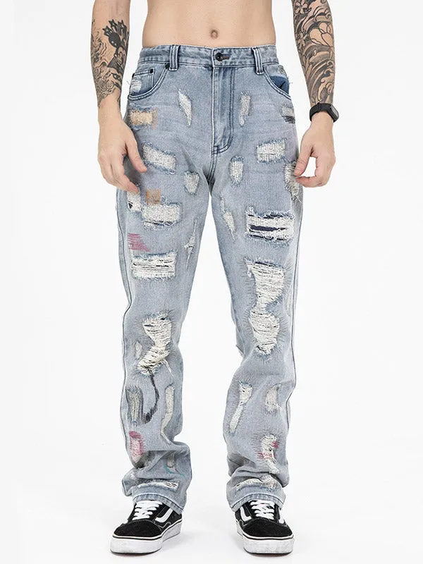 Men's Letter Embroidery Ripped Jeans