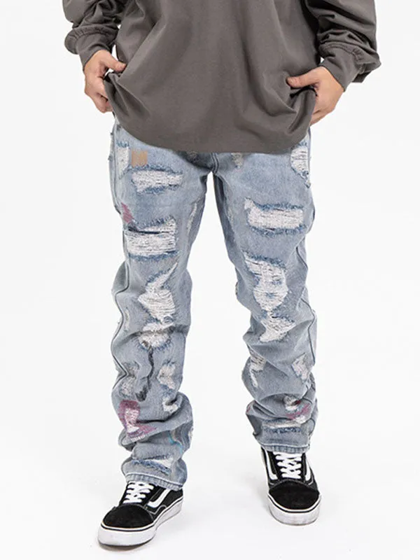 Men's Letter Embroidery Ripped Jeans