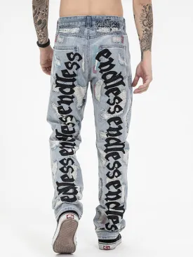 Men's Letter Embroidery Ripped Jeans