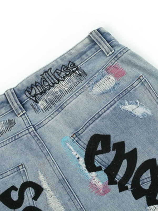 Men's Letter Embroidery Ripped Jeans