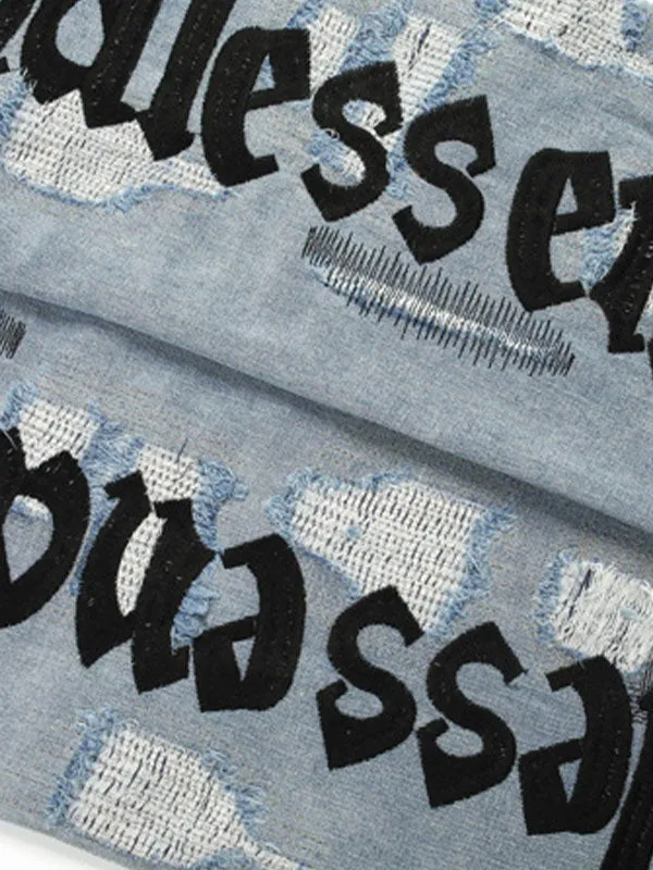 Men's Letter Embroidery Ripped Jeans