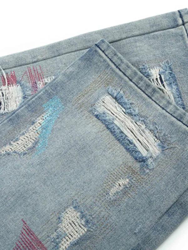 Men's Letter Embroidery Ripped Jeans