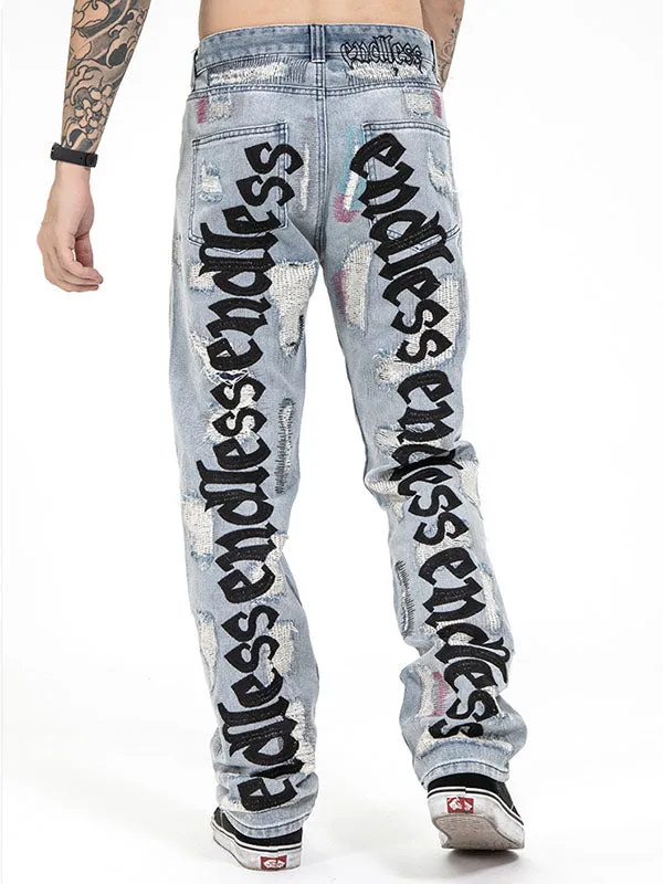 Men's Letter Embroidery Ripped Jeans