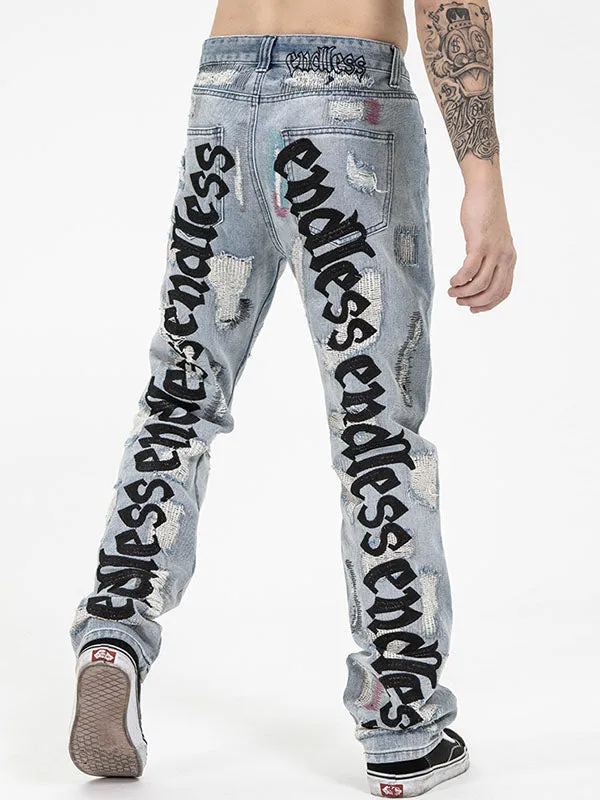 Men's Letter Embroidery Ripped Jeans