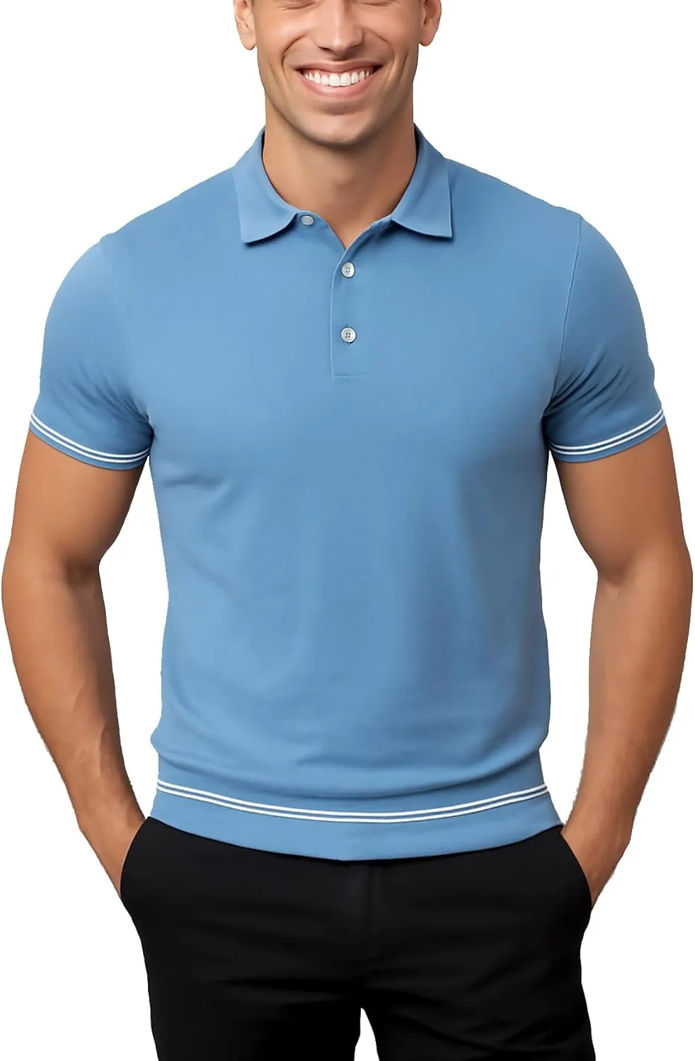 Men's Slim-Fit 100% Cotton Polo, Breathable Lightweight Short-Sleeve tee; Navy, Blue, Beige, Black.