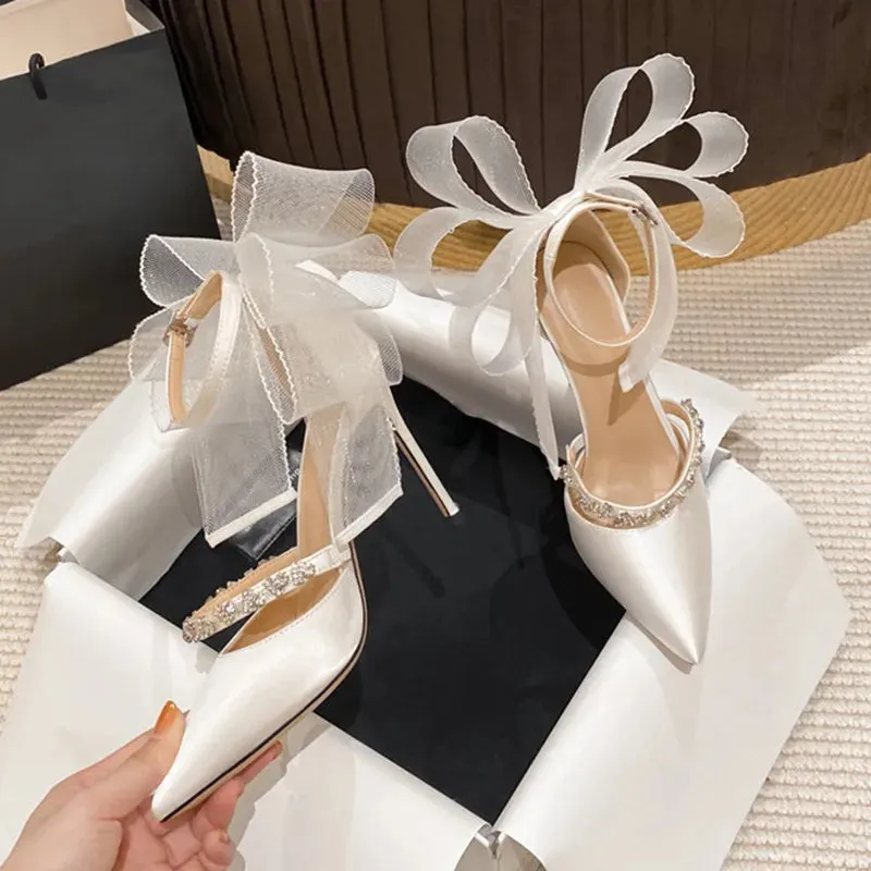 Mesh Big Bow Crystal Satin Heels