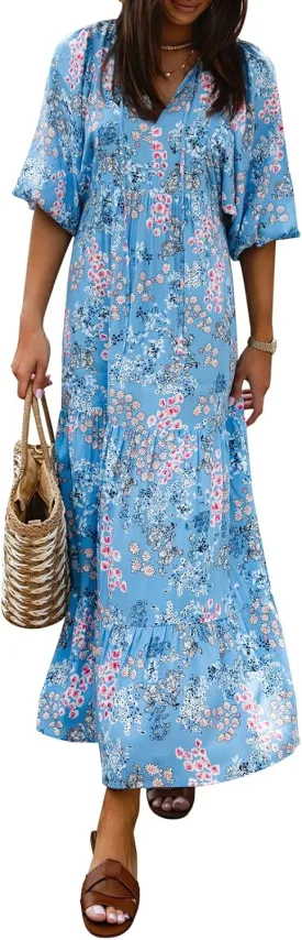 miduo Womens Loose Fit Casual Summer V Neck Half Sleeve Bohemian Geometric Pattern Maxi Long Dresses