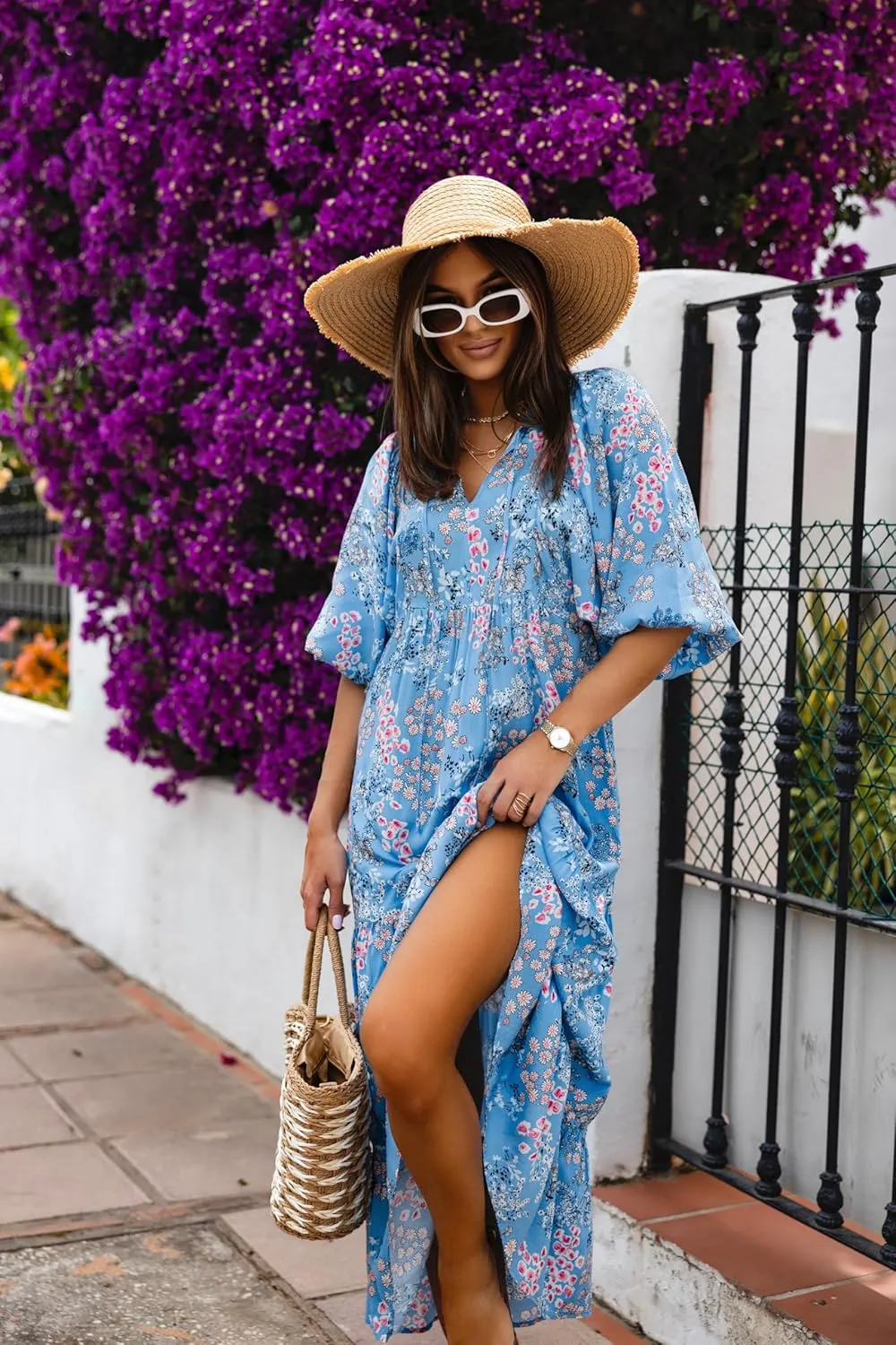 miduo Womens Loose Fit Casual Summer V Neck Half Sleeve Bohemian Geometric Pattern Maxi Long Dresses