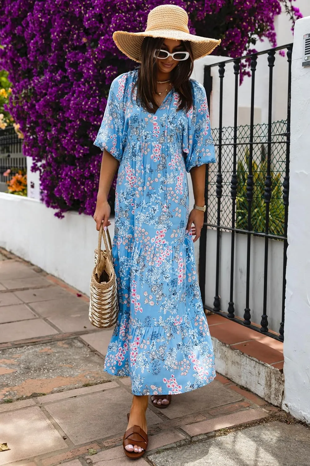 miduo Womens Loose Fit Casual Summer V Neck Half Sleeve Bohemian Geometric Pattern Maxi Long Dresses