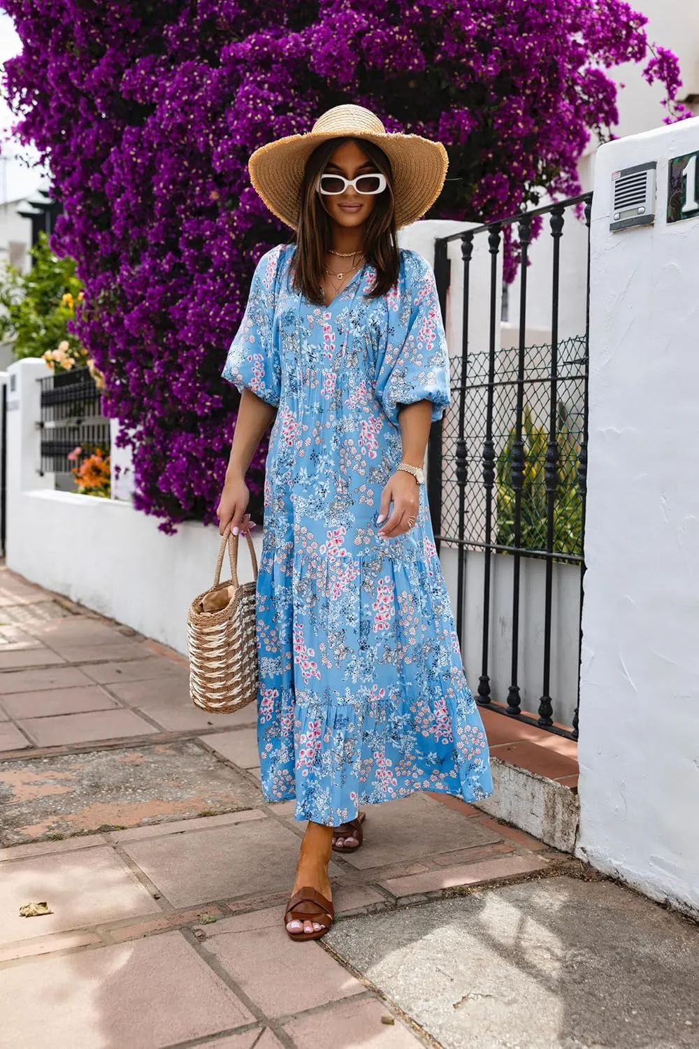 miduo Womens Loose Fit Casual Summer V Neck Half Sleeve Bohemian Geometric Pattern Maxi Long Dresses