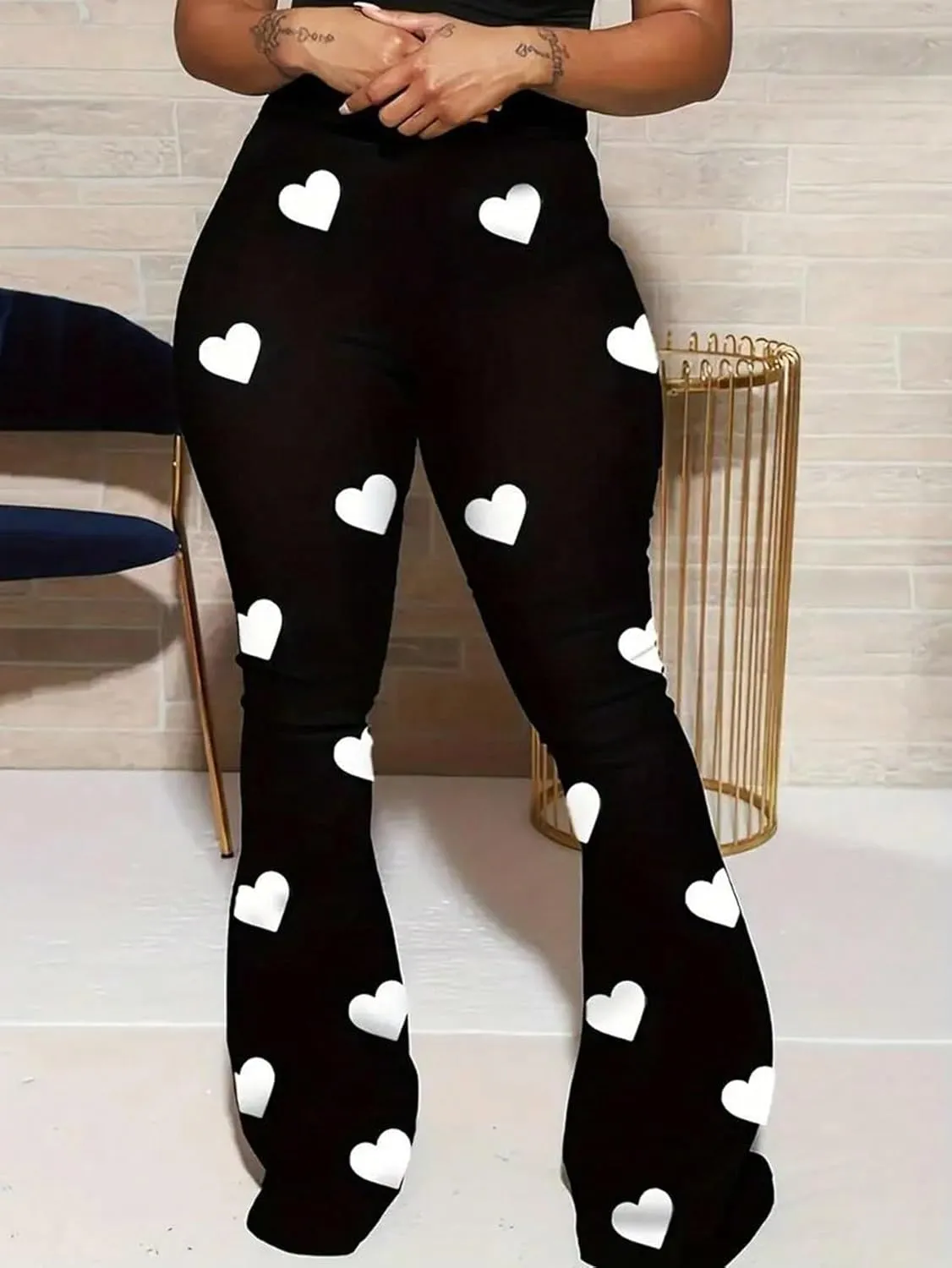 OYOANGLE Women's Plus Size Heart Print Elastic High Waisted Flared Leg Pants Y2K Bell Bottom Trousers