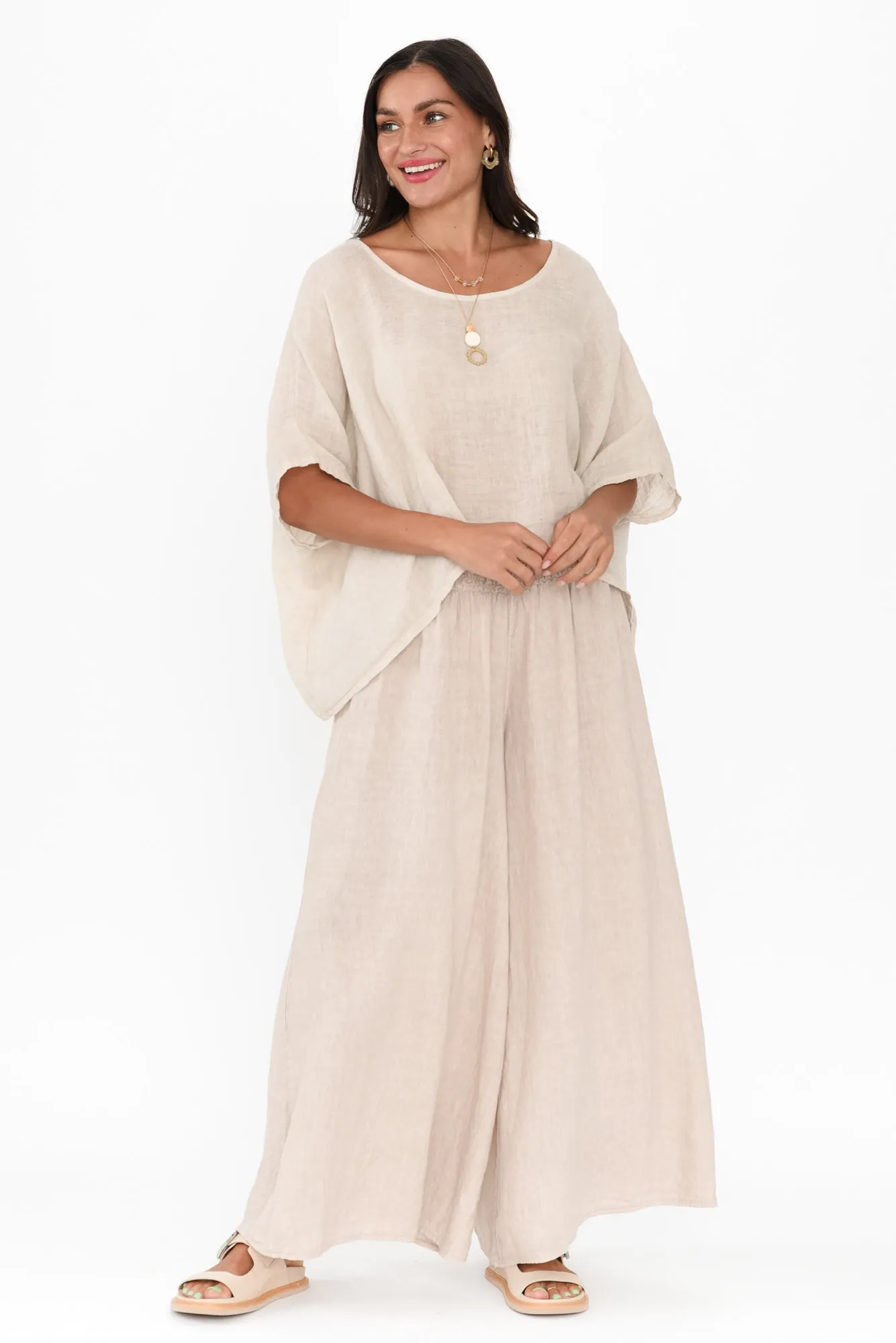 Rumi Beige Wide Leg Linen Pants