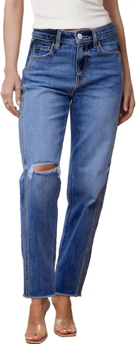 Sidefeel Women's High Waisted Boyfriend Jeans Trendy Ripped Straight Leg Raw Hem Stretchy Ankle Denim Pants