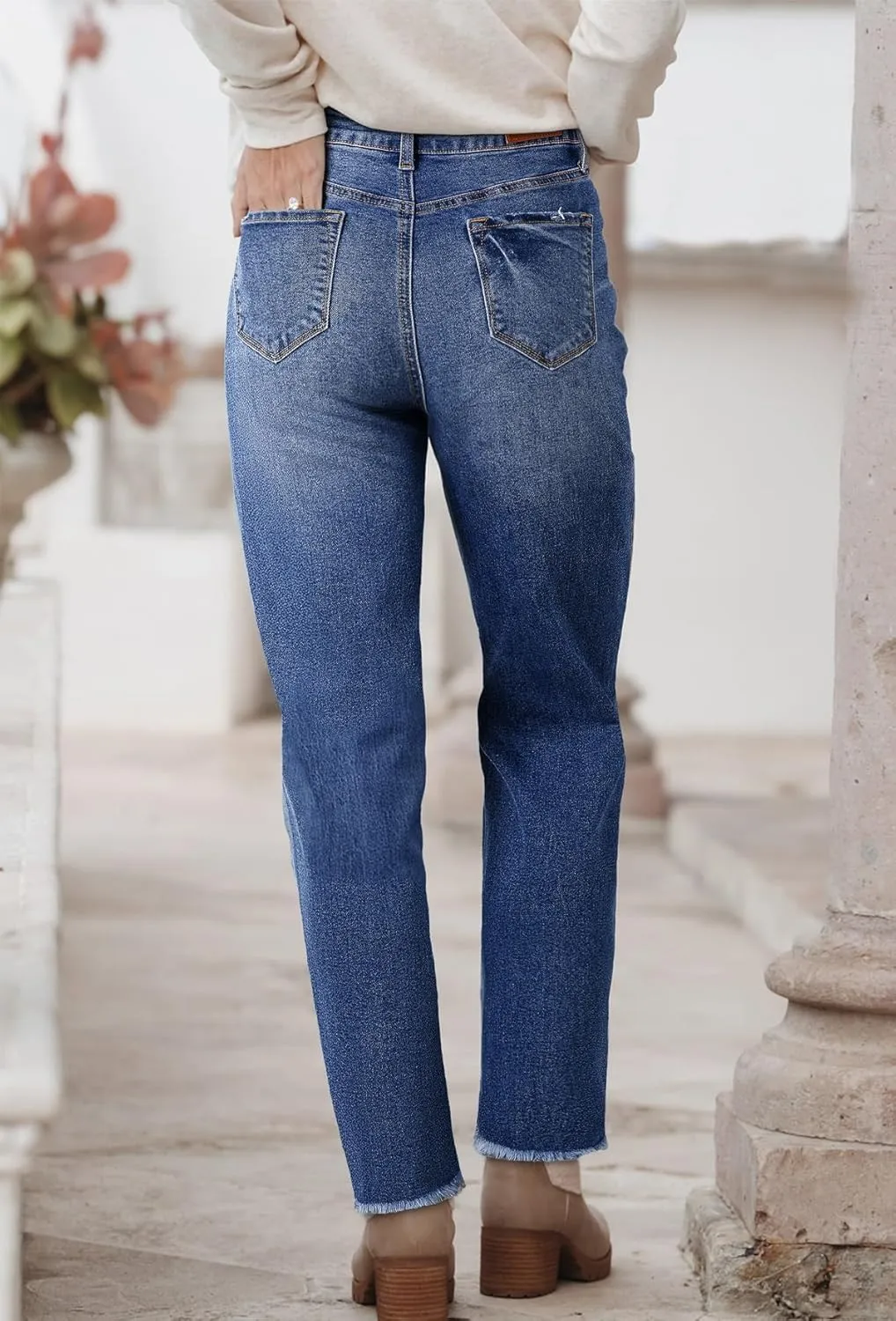 Sidefeel Women's High Waisted Boyfriend Jeans Trendy Ripped Straight Leg Raw Hem Stretchy Ankle Denim Pants