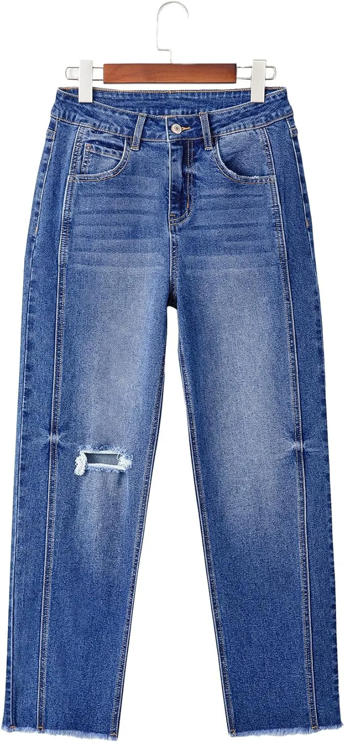 Sidefeel Women's High Waisted Boyfriend Jeans Trendy Ripped Straight Leg Raw Hem Stretchy Ankle Denim Pants