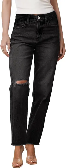 Sidefeel Women's High Waisted Boyfriend Jeans Trendy Ripped Straight Leg Raw Hem Stretchy Ankle Denim Pants