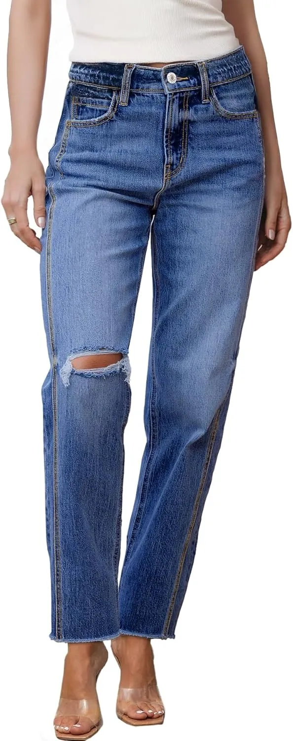 Sidefeel Women's High Waisted Boyfriend Jeans Trendy Ripped Straight Leg Raw Hem Stretchy Ankle Denim Pants