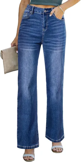 Sidefeel Women's Wide Leg Jeans Casual High Waisted Straight Zimbaplatinum Denim Pants with Pockets