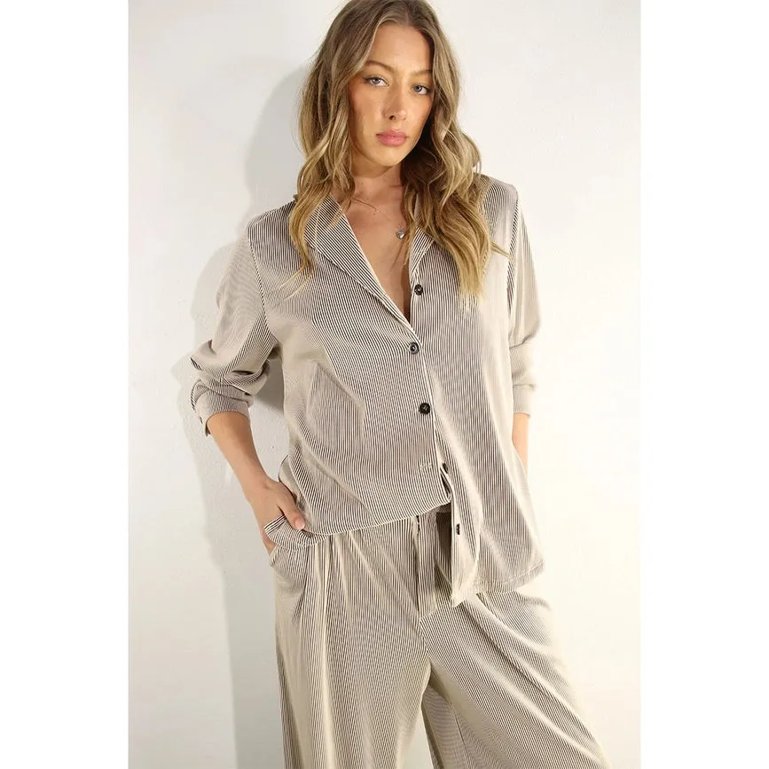 Striped Knit Button Down Shirts and Pants Set