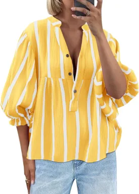 Tankaneo Womens Puff Sleeve Babydoll Tops Summer V Neck Striped Blouse Cute Casual Loose Fit Flowy Shirts