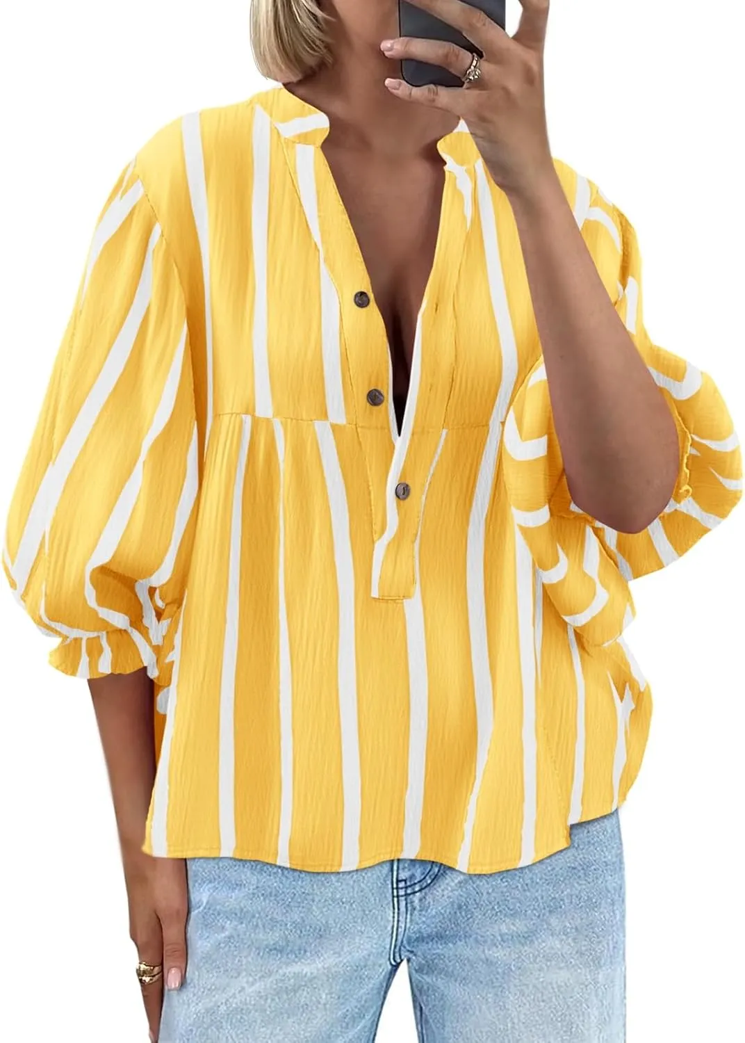Tankaneo Womens Puff Sleeve Babydoll Tops Summer V Neck Striped Blouse Cute Casual Loose Fit Flowy Shirts