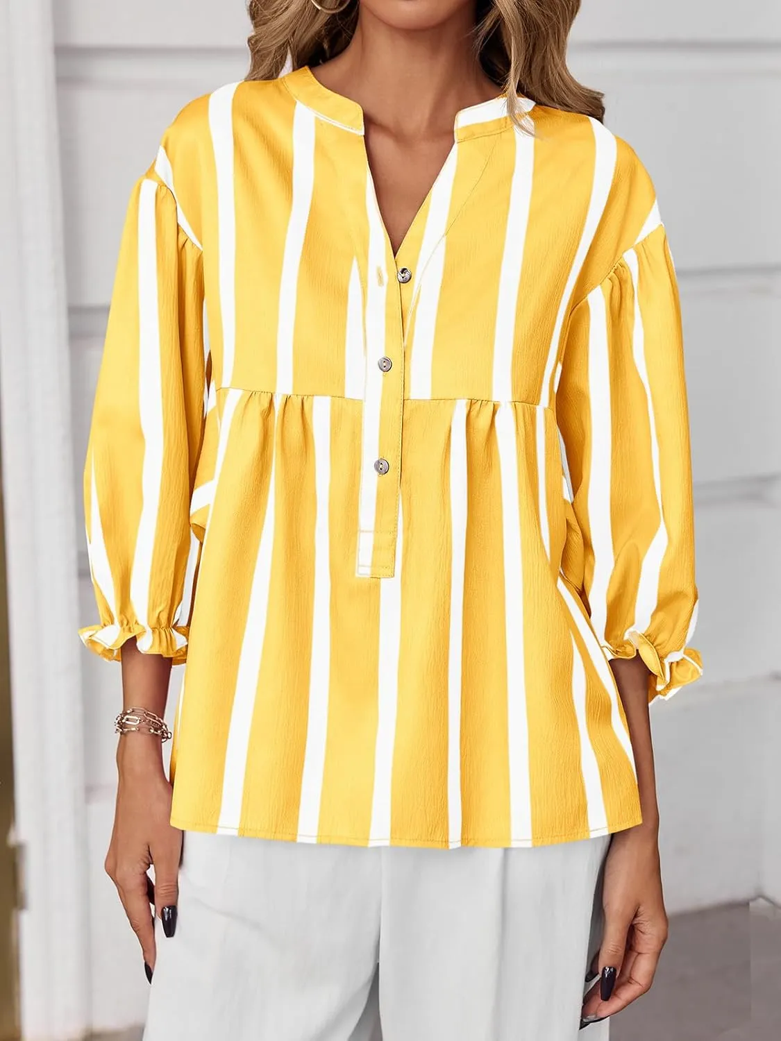 Tankaneo Womens Puff Sleeve Babydoll Tops Summer V Neck Striped Blouse Cute Casual Loose Fit Flowy Shirts