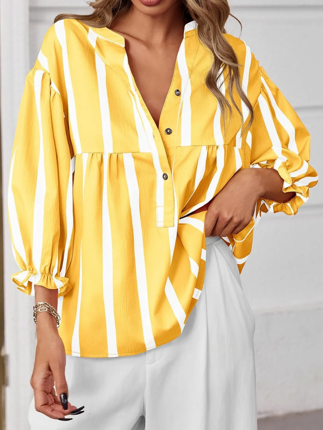 Tankaneo Womens Puff Sleeve Babydoll Tops Summer V Neck Striped Blouse Cute Casual Loose Fit Flowy Shirts