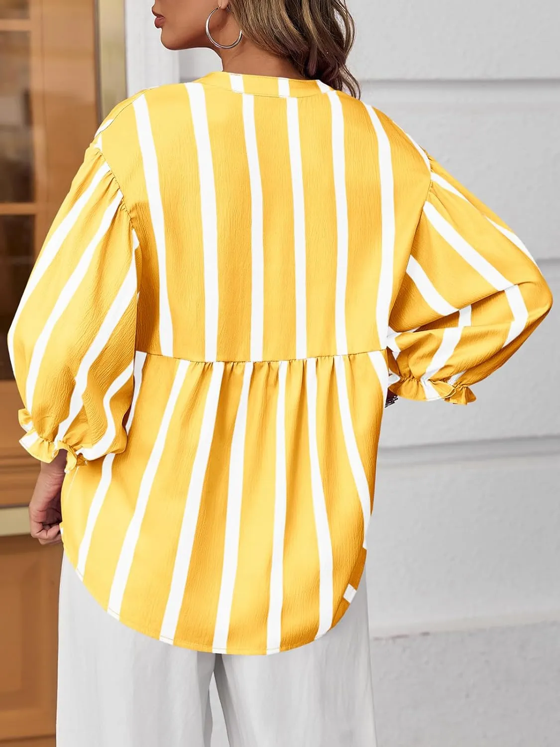 Tankaneo Womens Puff Sleeve Babydoll Tops Summer V Neck Striped Blouse Cute Casual Loose Fit Flowy Shirts