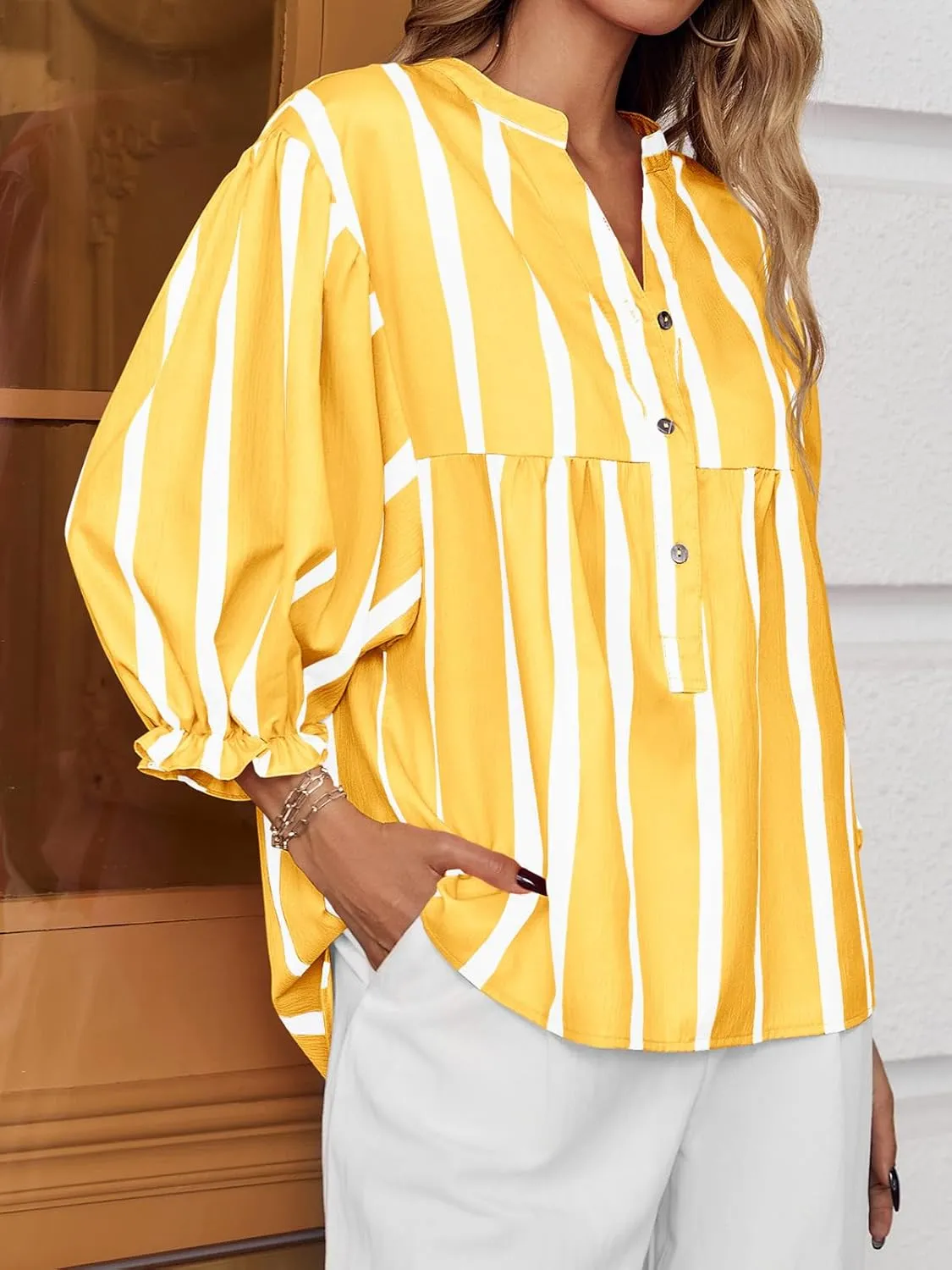 Tankaneo Womens Puff Sleeve Babydoll Tops Summer V Neck Striped Blouse Cute Casual Loose Fit Flowy Shirts