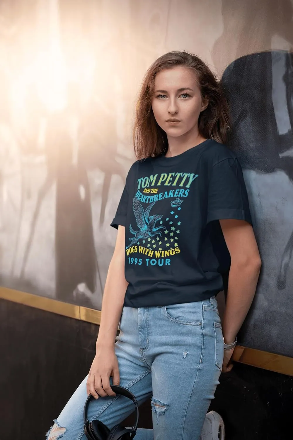 Tom Petty & The Heartbreakers Dogs with Wings '95 Tour Adult Navy Short Sleeve T Shirt 90s Graphic Tees